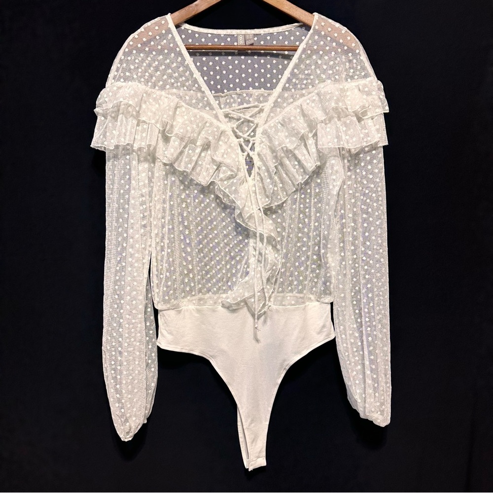 Y2K ASOS Sheer Swiss Dot Lace Up Coquette Balletcore Bodysuit